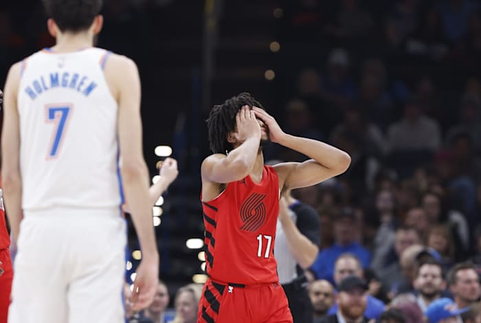 Jan 11, 2024; Oklahoma City, Oklahoma, USA; Portland Trail Blazers guard Shaedon Sharpe (17) reacts after a play against the Oklahoma City Thunder during the second quarter at Paycom Center.